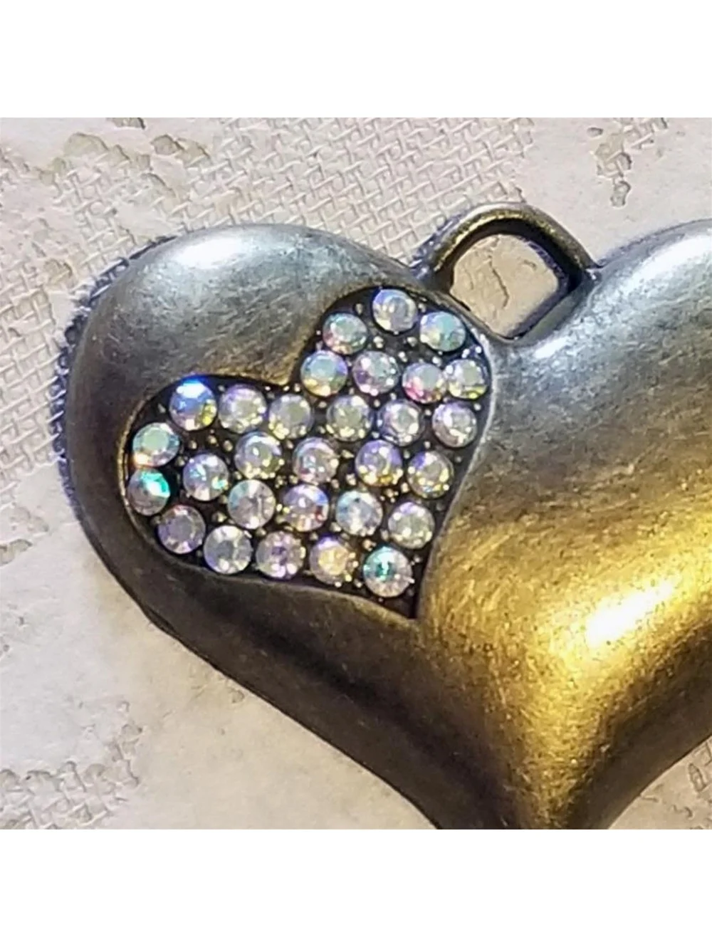 Antiqued Brass Pave AB Crystal Heart Pendant Minimalist Steampunk Retro Modern